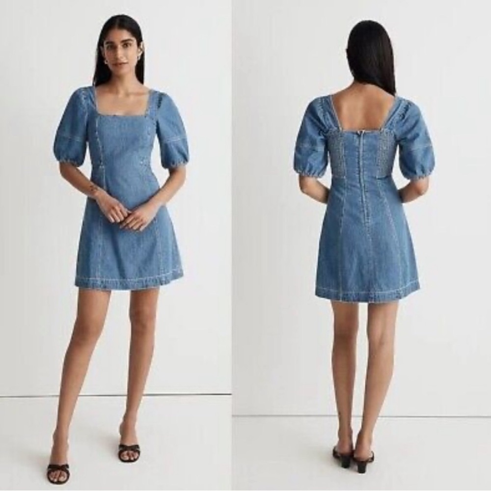 Joie Denim Puff Sleeve Square Neck Mini Dress